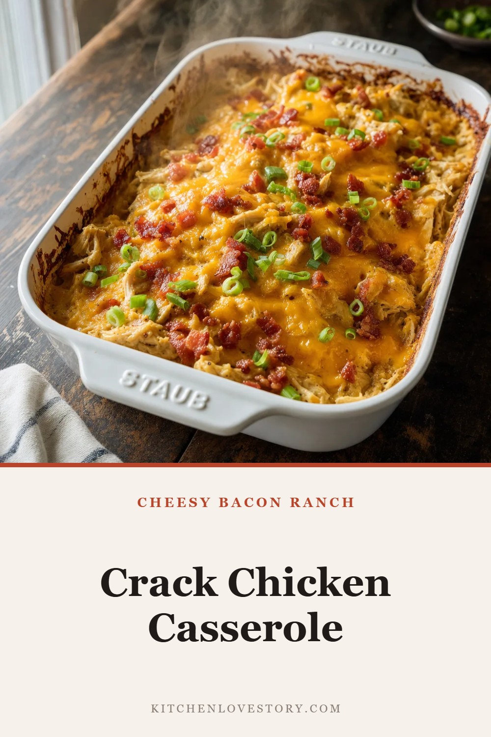 Crack Chicken Casserole — Cheesy Bacon Ranch. Easy comfort food recipe from Kitchen Love Story.