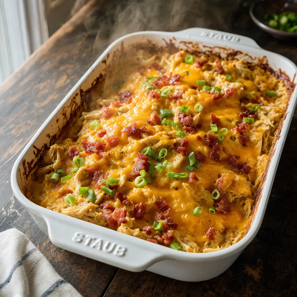 Crack chicken casserole topped with golden cheddar and crispy bacon