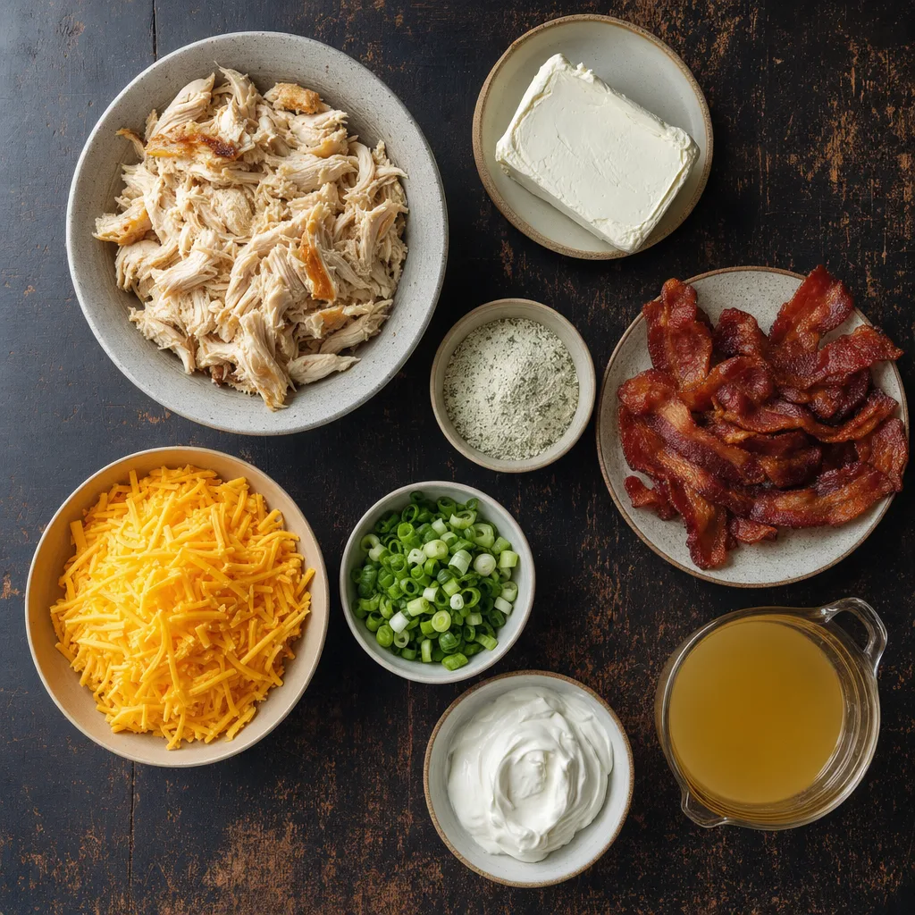 crack chicken casserole ingredients including rotisserie chicken cream cheese ranch seasoning bacon and cheddar