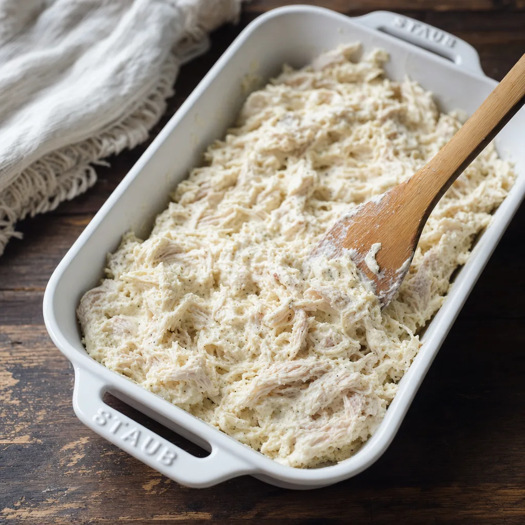 shredded chicken being mixed with cream cheese ranch mixture in bowl for crack chicken casserole