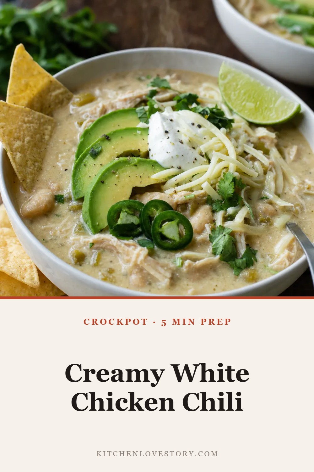 Creamy White Chicken Chili — Crockpot · 5 Min Prep. Easy comfort food recipe from Kitchen Love Story.
