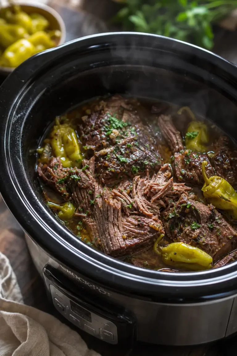 crockpot mississippi pot roast shredded tender beef with pepperoncini and rich gravy