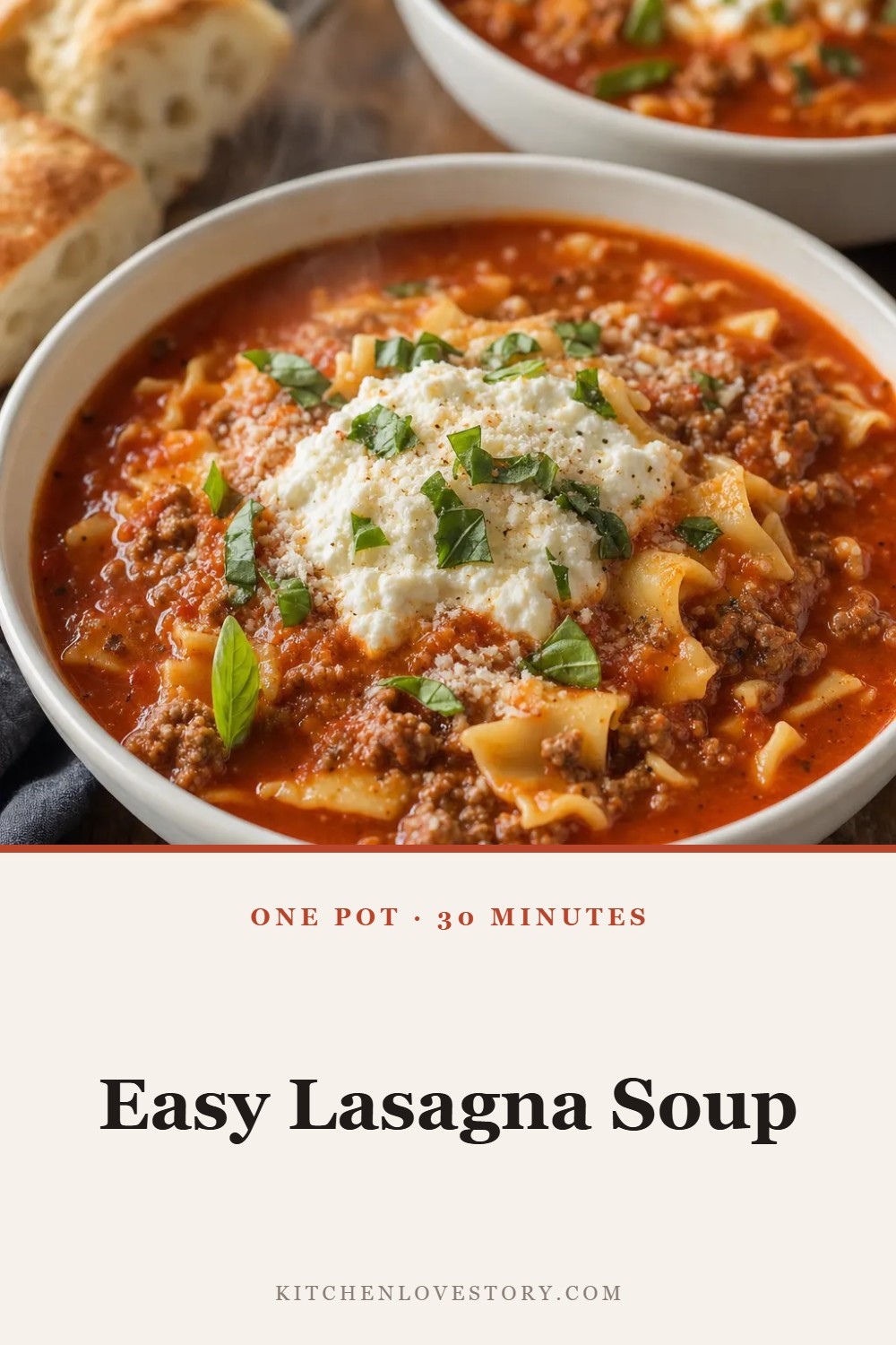 Easy Lasagna Soup — One Pot · 30 Minutes. Easy comfort food recipe from Kitchen Love Story.