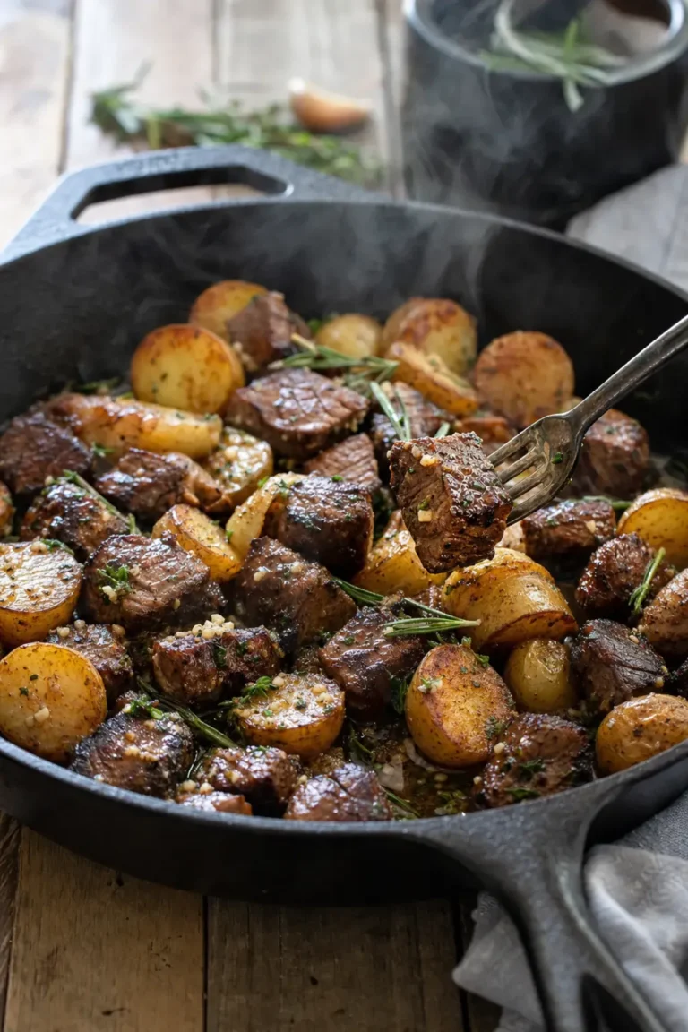 garlic butter steak bites and crispy golden baby potatoes in cast iron skillet