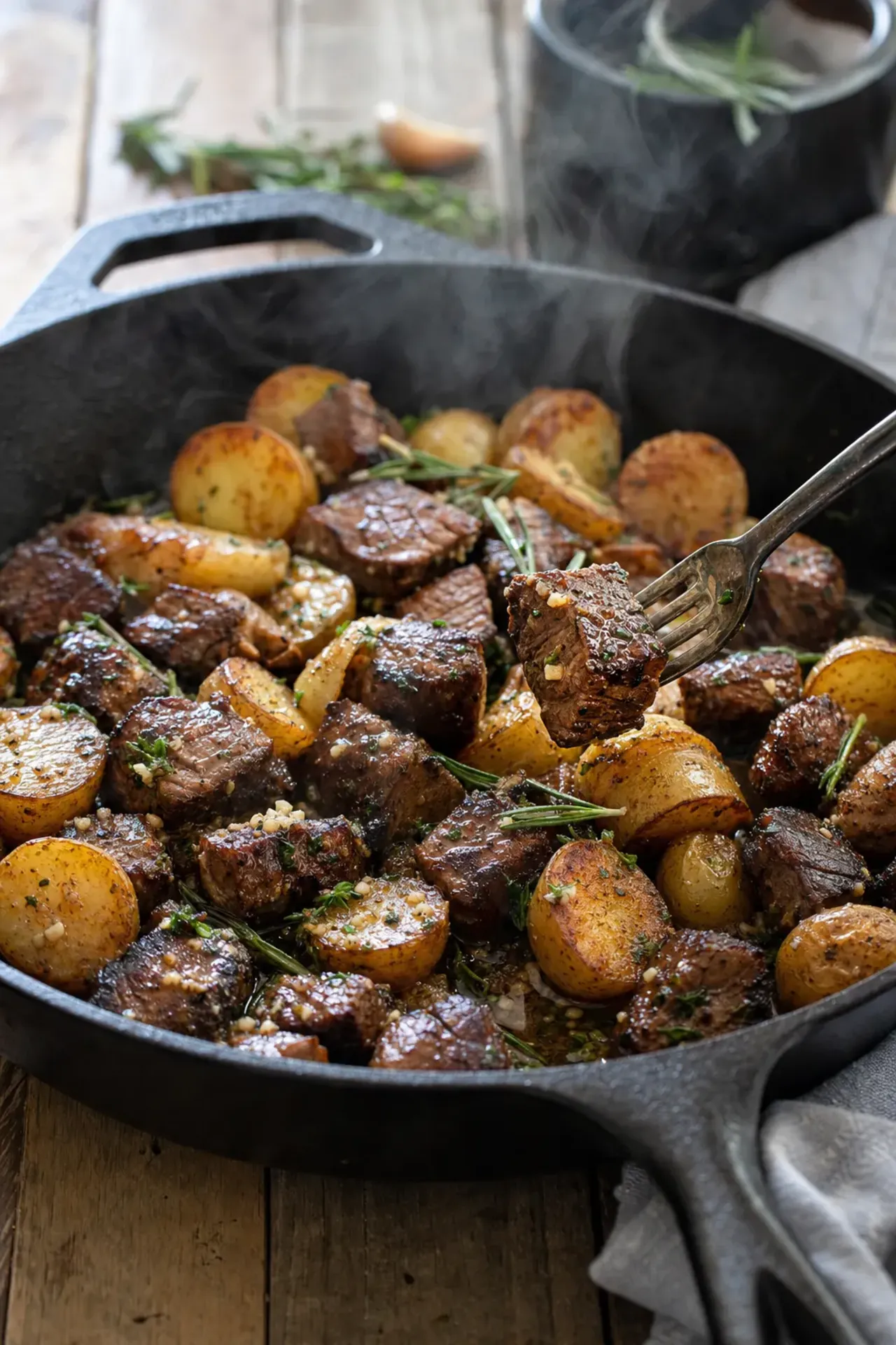 garlic butter steak bites and potatoes