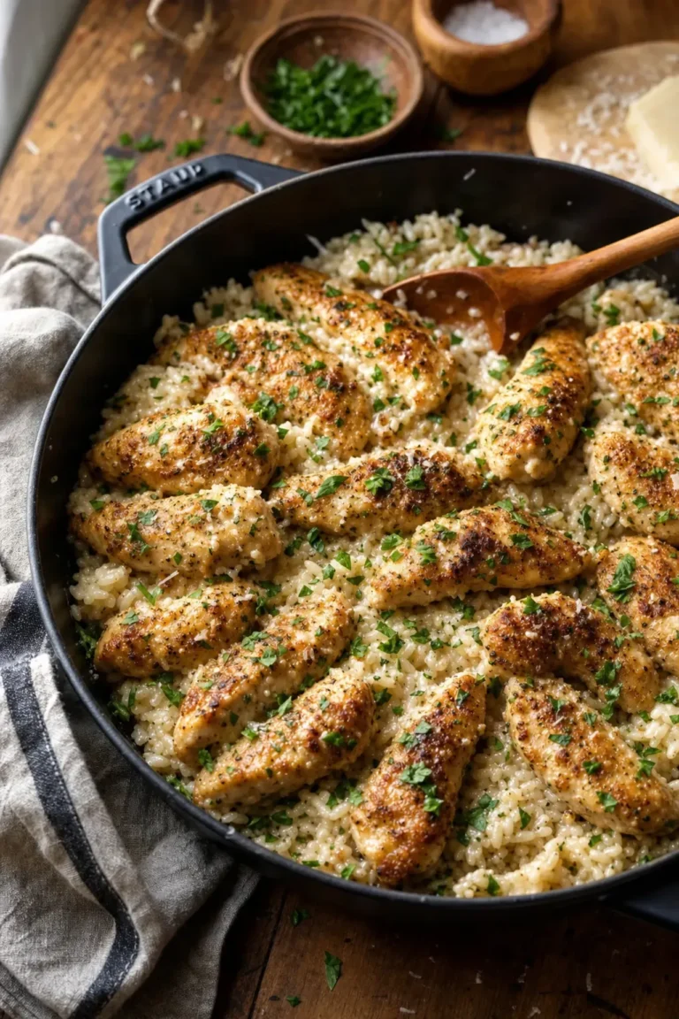 garlic parmesan chicken and rice golden chicken tenders on creamy rice in dark skillet