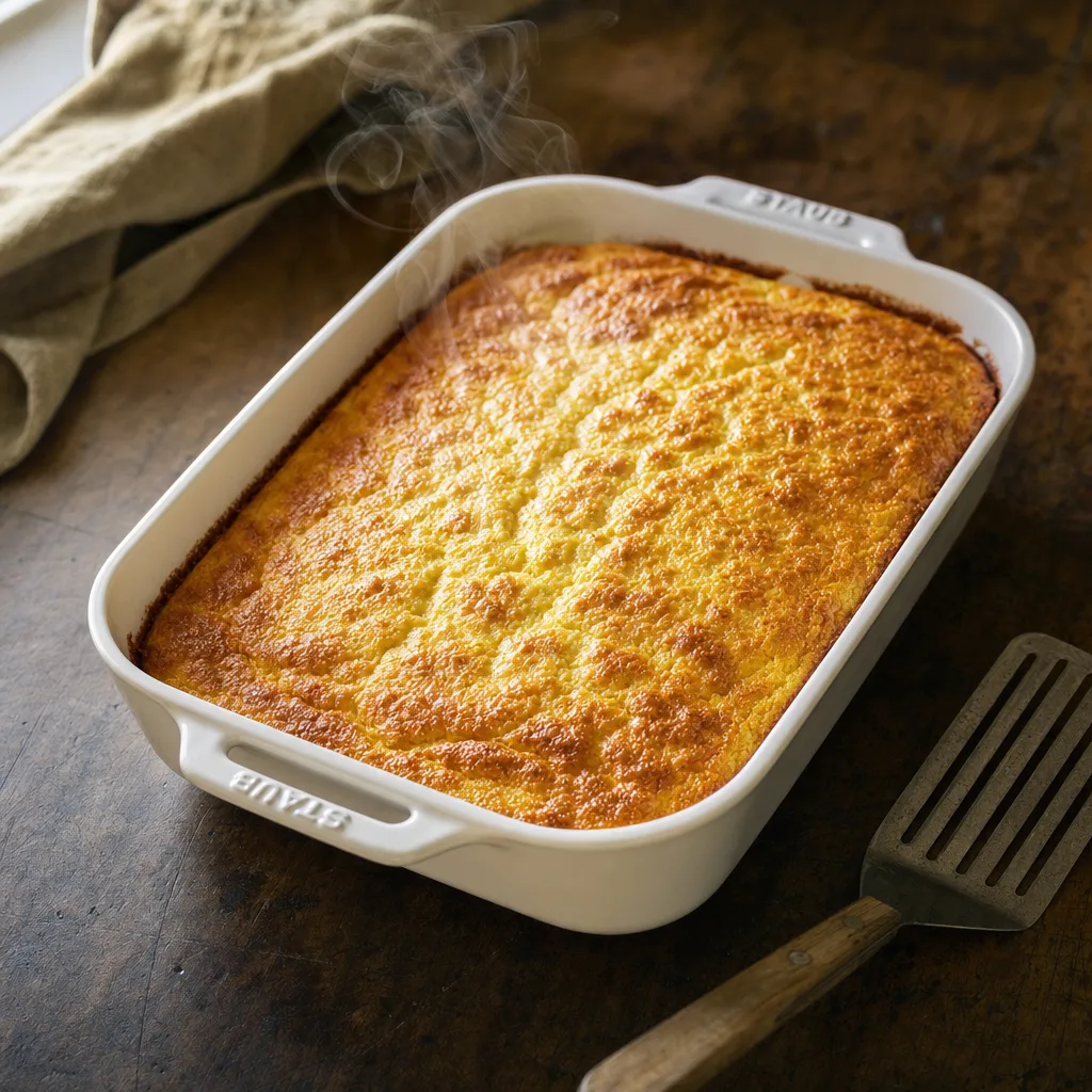 jiffy corn casserole freshly baked in Staub dish with golden brown crackly top and steam rising