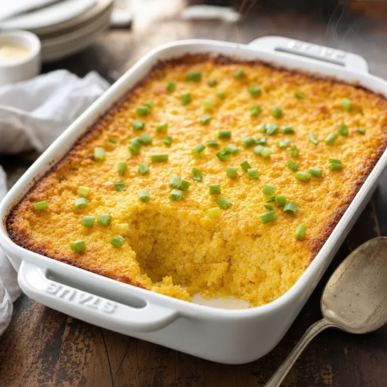 Jiffy corn casserole with golden brown top and green onions in white baking dish