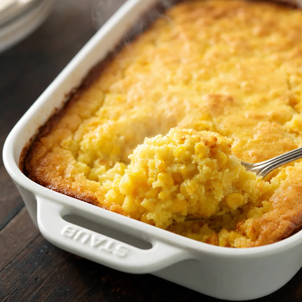 jiffy corn casserole close up showing golden crackly top and moist corn interior
