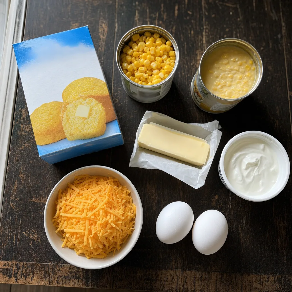 jiffy corn casserole ingredients including jiffy mix cream style corn whole corn sour cream butter and eggs
