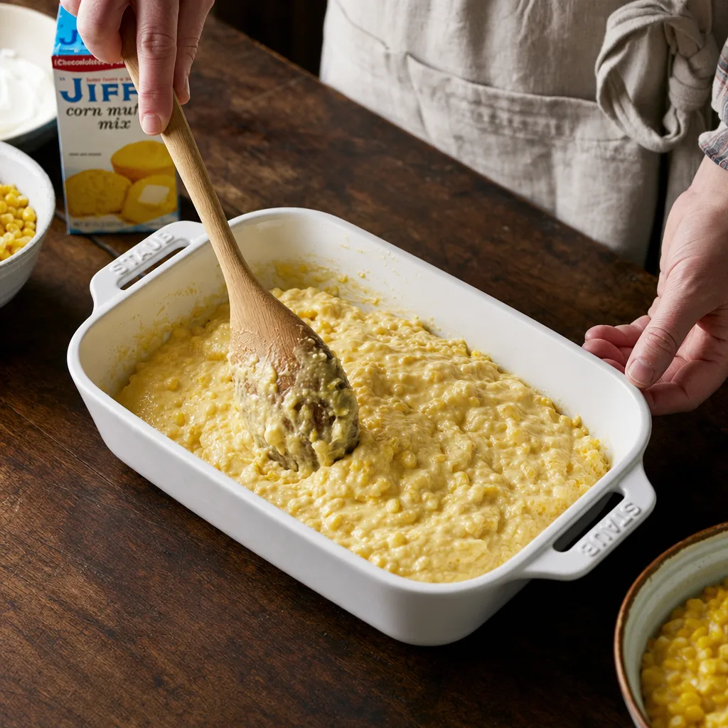thick golden jiffy corn casserole batter being mixed in bowl with wooden spoon