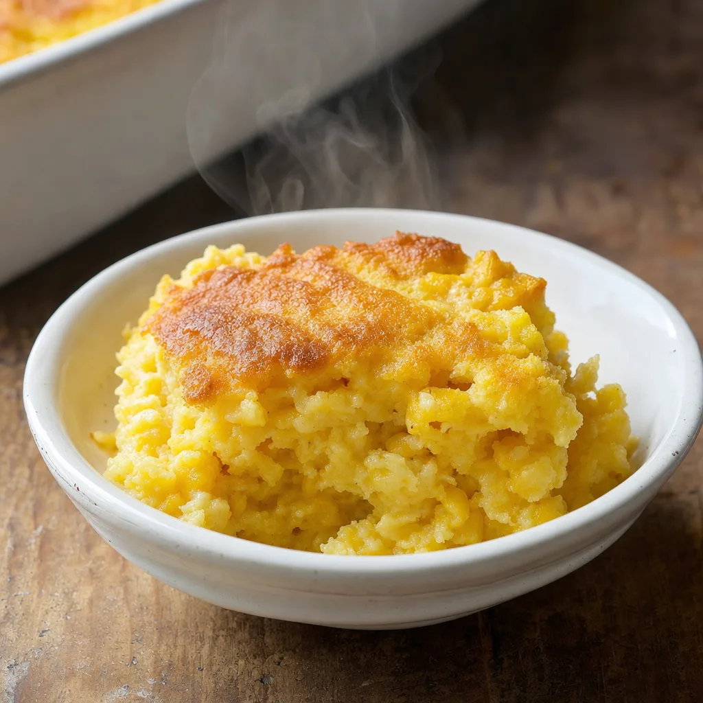 jiffy corn casserole served in white bowl showing moist custardy corn interior