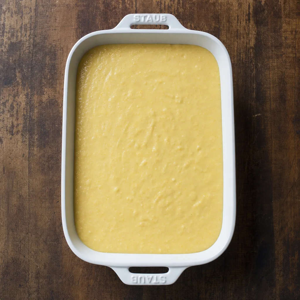 jiffy corn casserole batter poured into white Staub dish ready for oven before baking