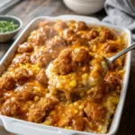 KFC famous bowl casserole with popcorn chicken corn mashed potatoes gravy and melted cheddar in white baking dish