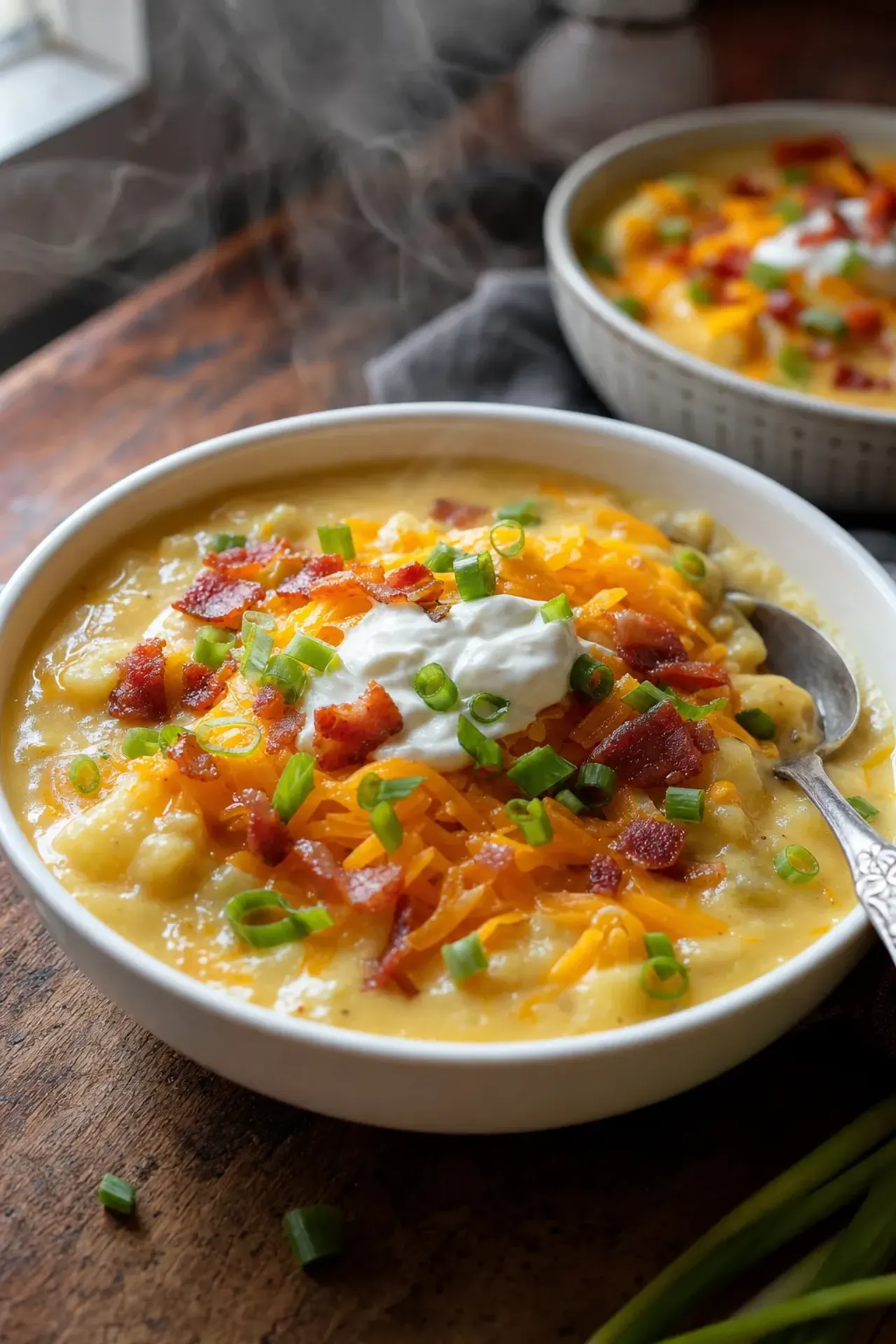 loaded potato soup in white bowl with bacon and cheddar