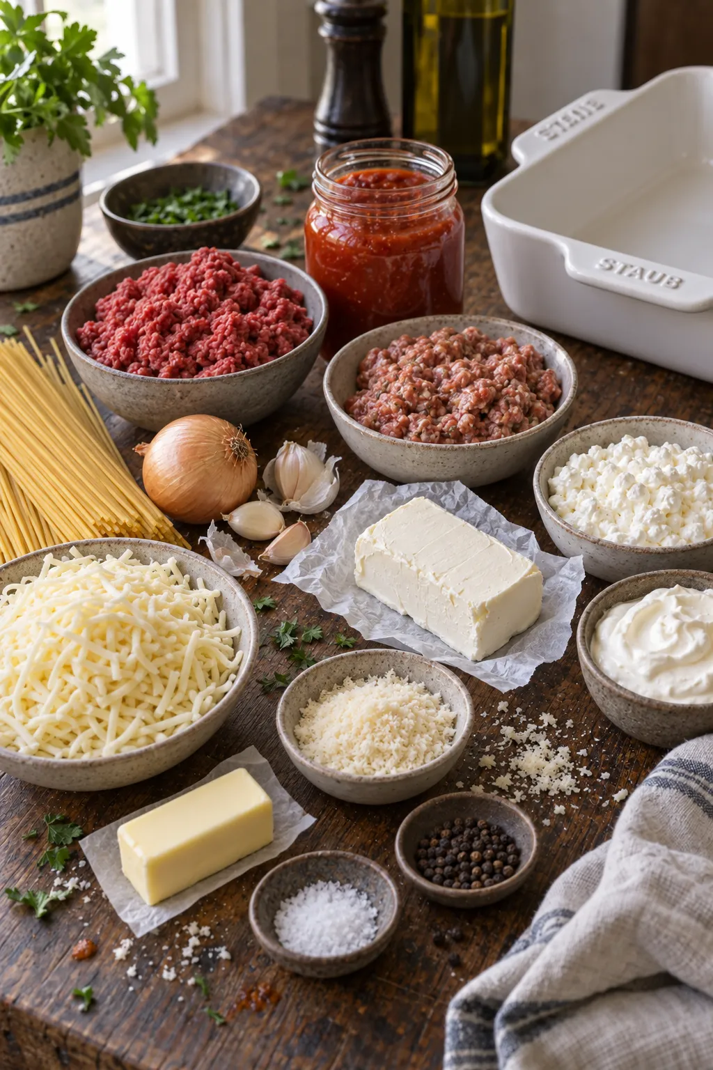 ingredients for million dollar spaghetti including ground beef, Italian sausage, spaghetti noodles, cream cheese, cottage cheese, sour cream and marinara sauce