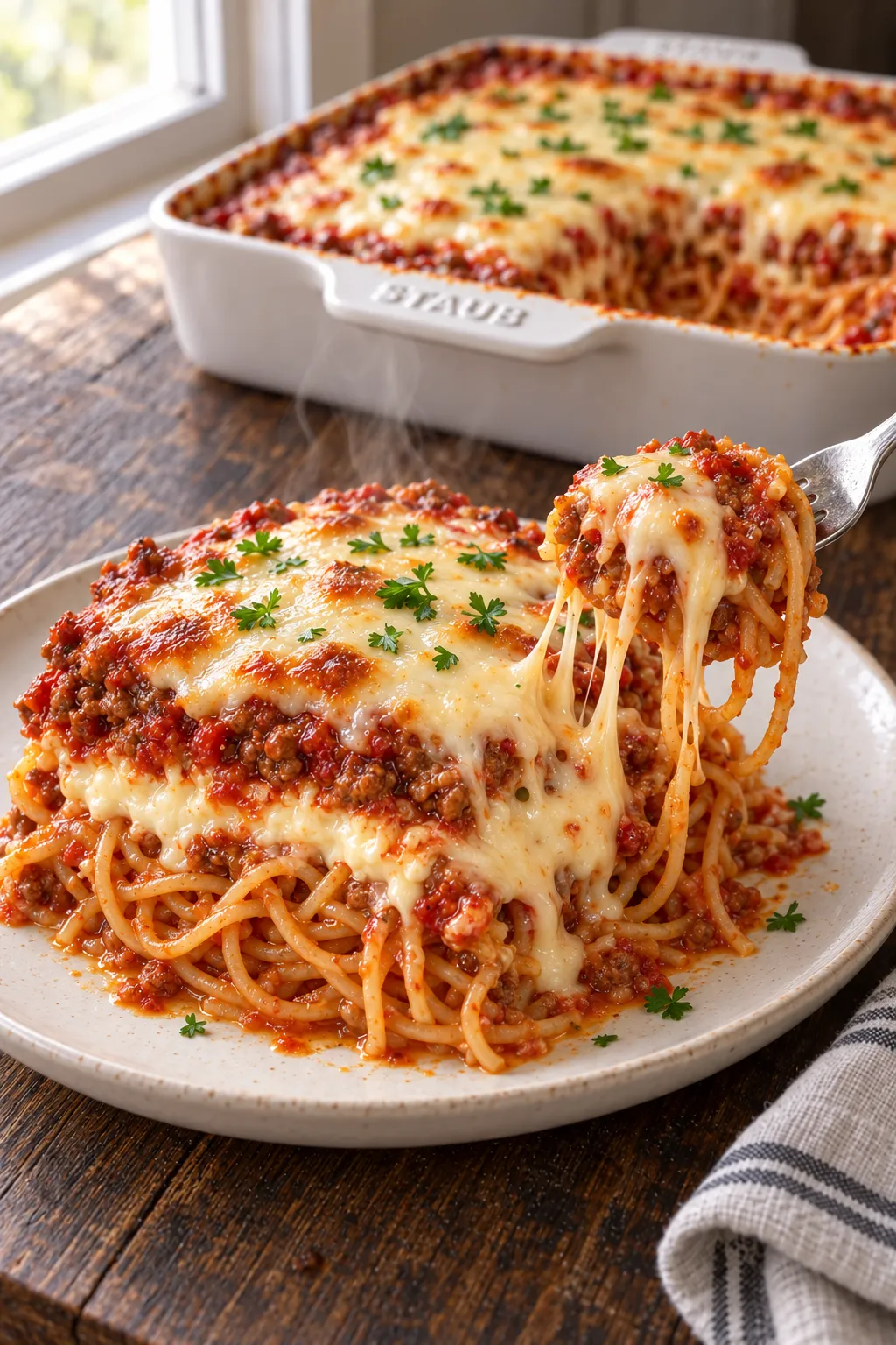 a serving of million dollar spaghetti on a white plate with a cheese pull showing the creamy middle layer