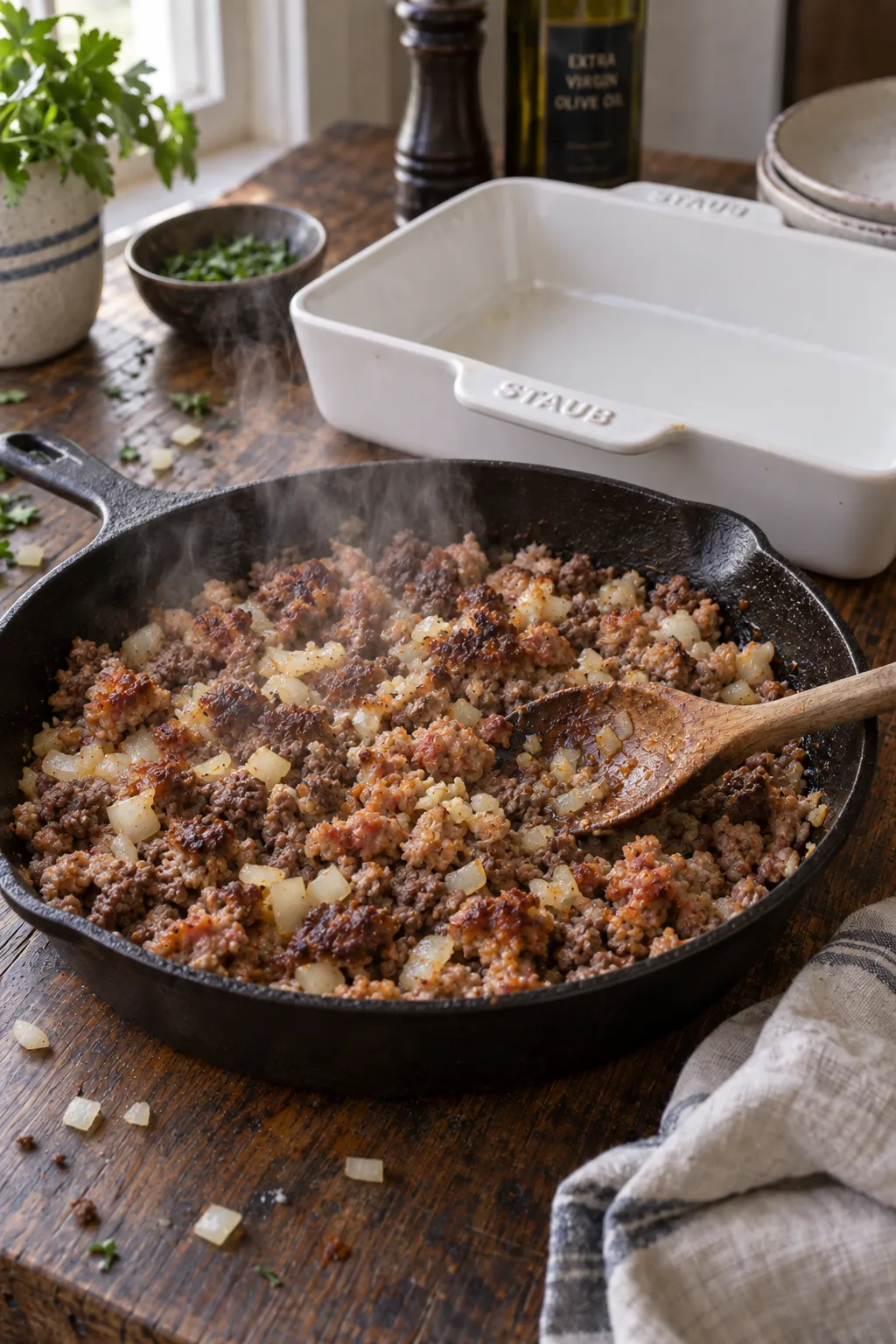 ground beef and Italian sausage browning with onion and garlic in a black cast iron skillet