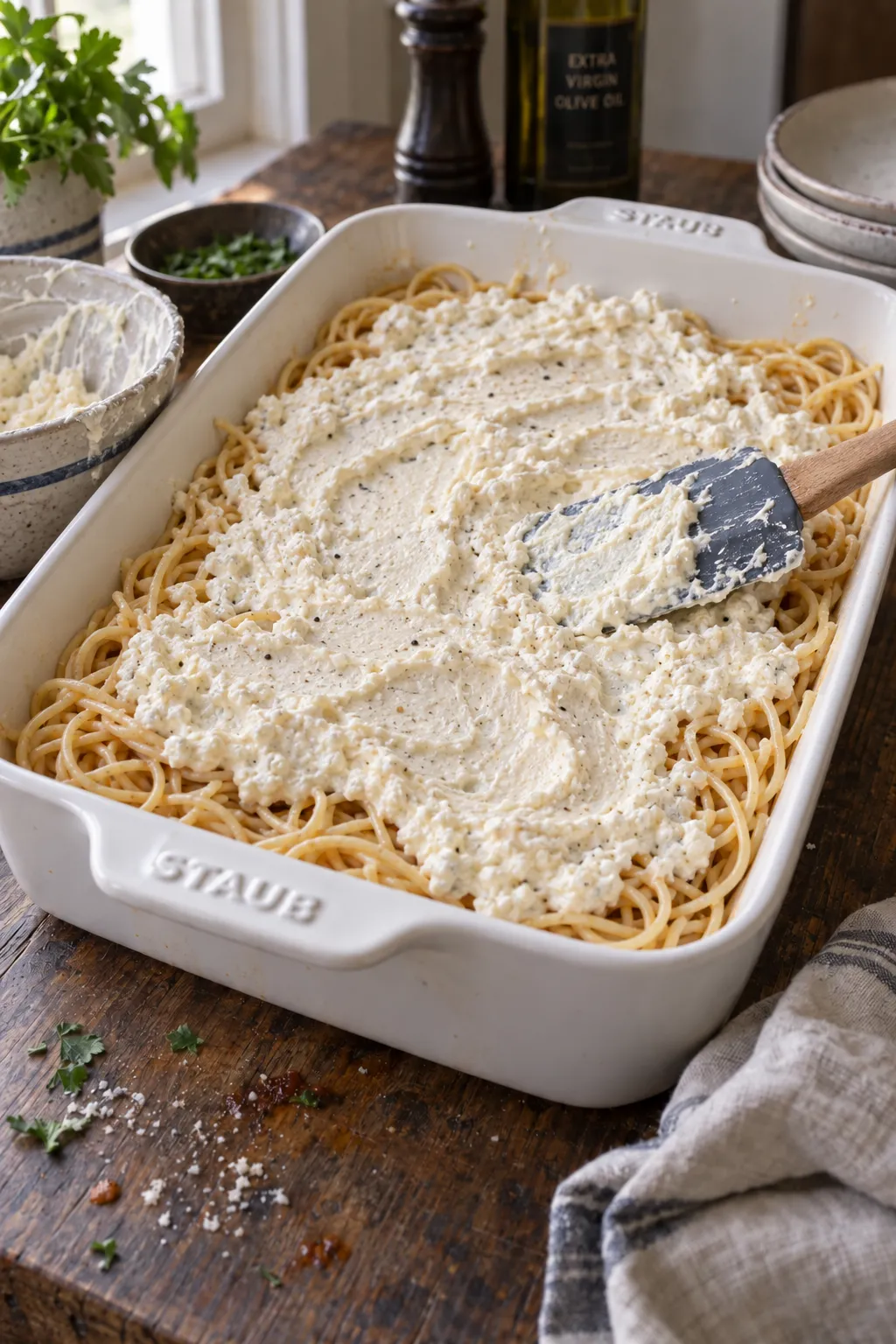 creamy cream cheese, cottage cheese and sour cream layer being spread over spaghetti noodles in a white baking dish