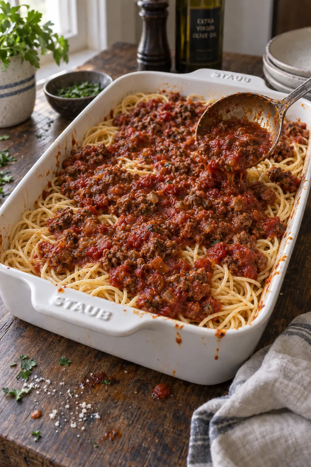 meat sauce being spooned over a layer of spaghetti noodles in a white casserole dish