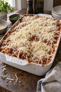 shredded mozzarella and parmesan sprinkled over million dollar spaghetti before baking