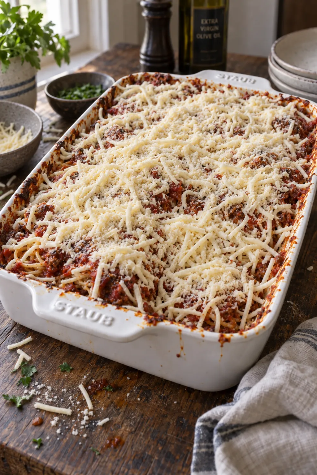 shredded mozzarella and parmesan sprinkled over million dollar spaghetti before baking