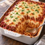 million dollar spaghetti in a white baking dish with molten melted mozzarella and a scooped corner showing the creamy layers