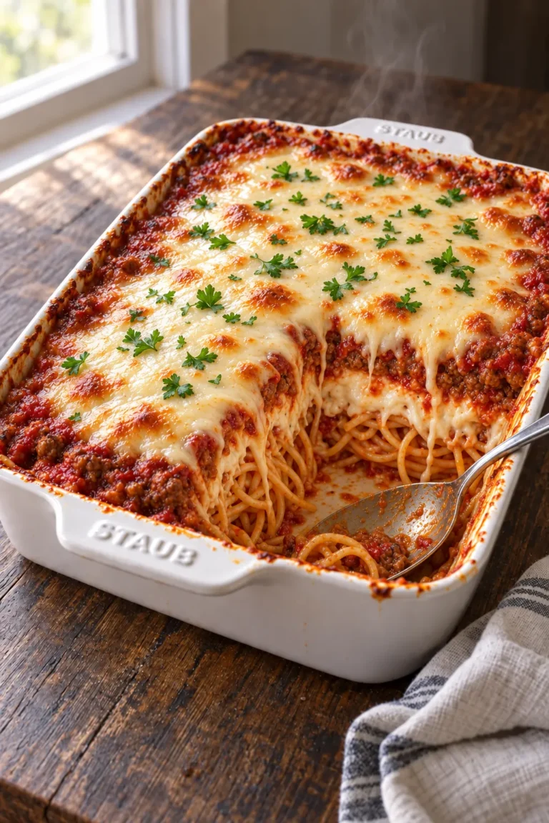 million dollar spaghetti in a white baking dish with molten melted mozzarella and a scooped corner showing the creamy layers