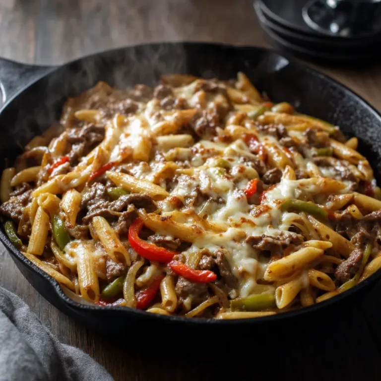 philly cheesesteak pasta in cast iron skillet with melted provolone beef and peppers
