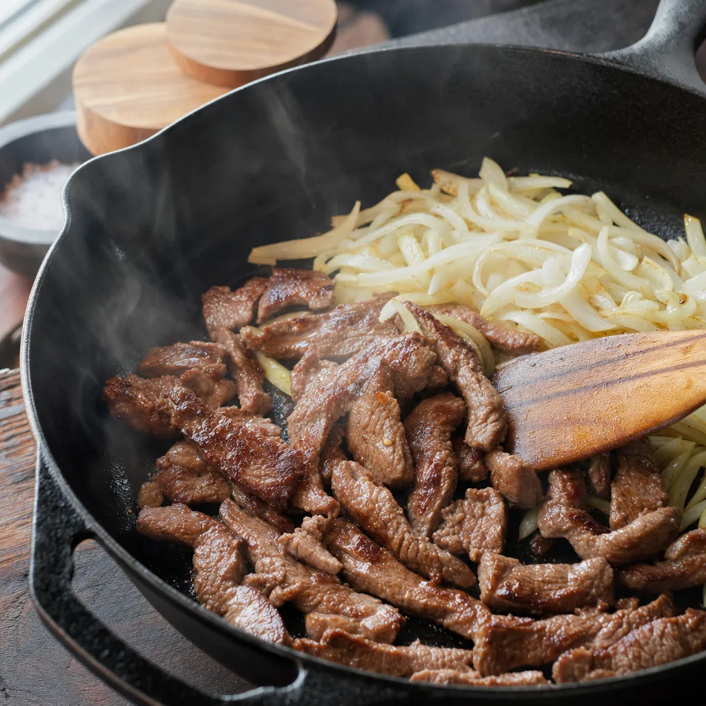 thin sliced beef strips searing in cast iron skillet getting deeply browned for philly cheesesteak pasta