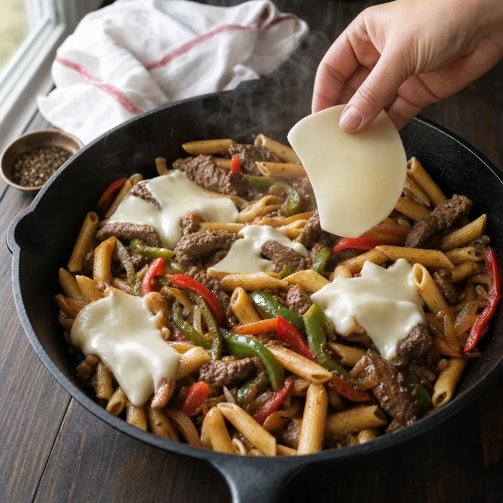 provolone cheese slices melting on top of philly cheesesteak pasta in cast iron skillet