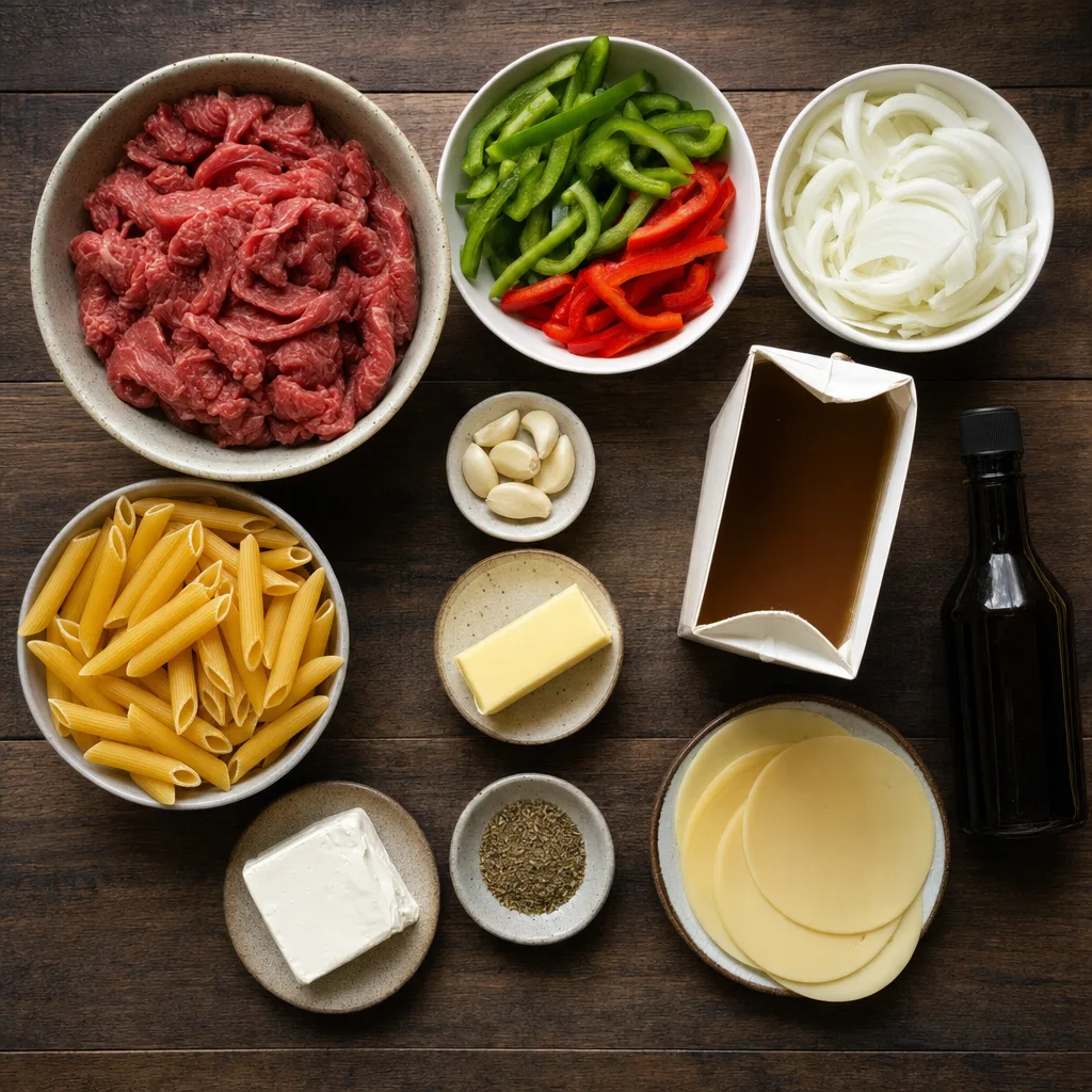 philly cheesesteak pasta ingredients including beef bell peppers onion pasta broth and provolone