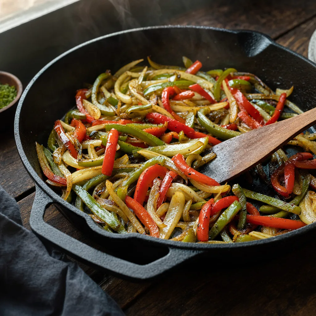green and red bell peppers and onions caramelizing in cast iron skillet for philly cheesesteak pasta