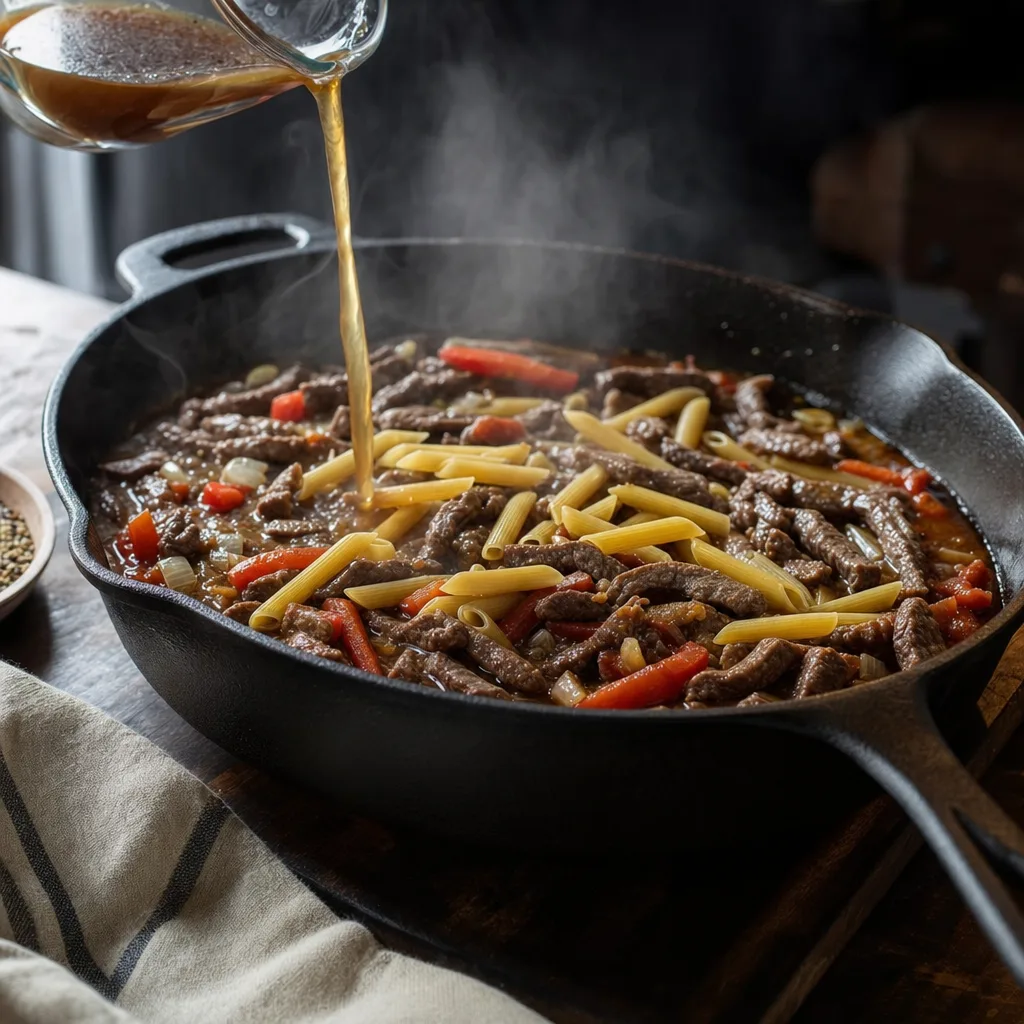 beef broth being poured into skillet with beef and peppers and raw penne pasta added
