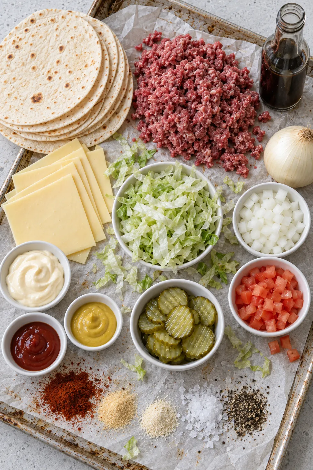 ingredients for smash burger tacos including ground beef, flour tortillas, American cheese, pickles and burger sauce