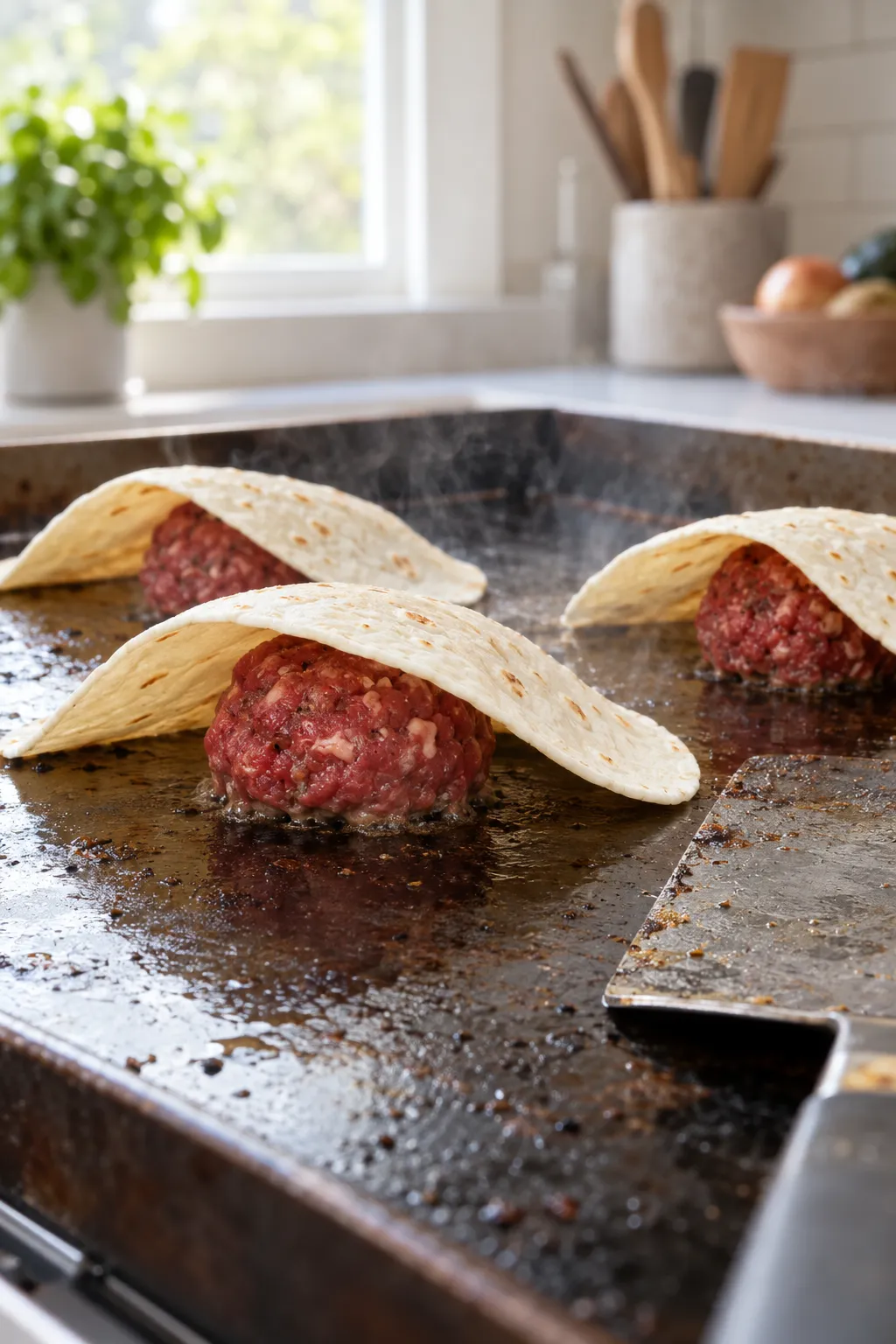 a flour tortilla pressed onto a ball of ground beef in a hot cast iron skillet with a metal spatula