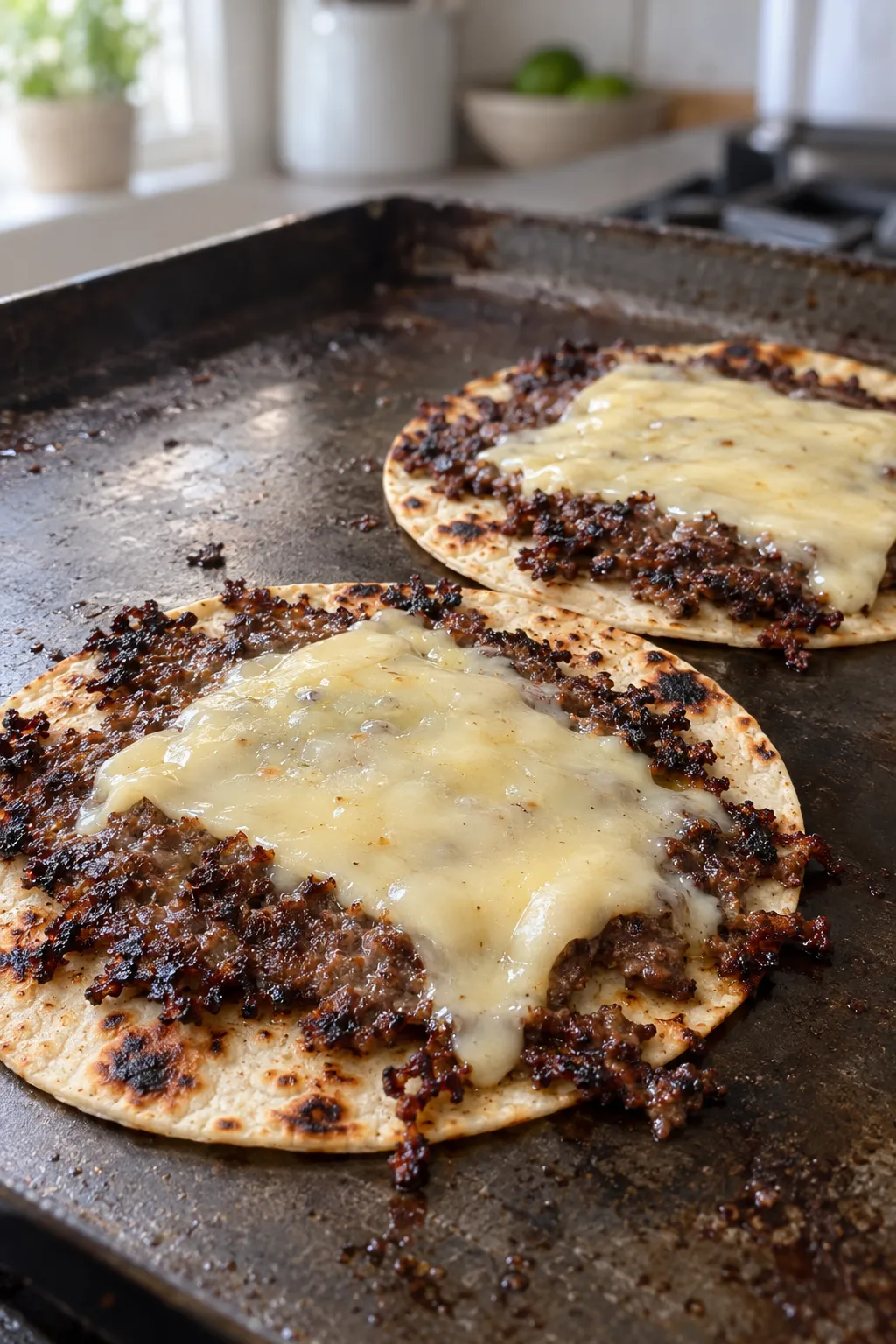 two smash burger tacos in a cast iron skillet with slices of American cheese melting over the beef