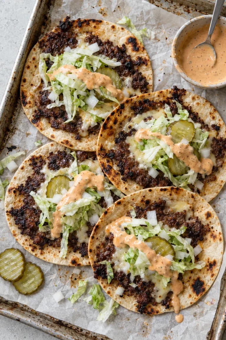 four smash burger tacos on baking paper topped with melted cheese, burger sauce, shredded lettuce, onion and pickles