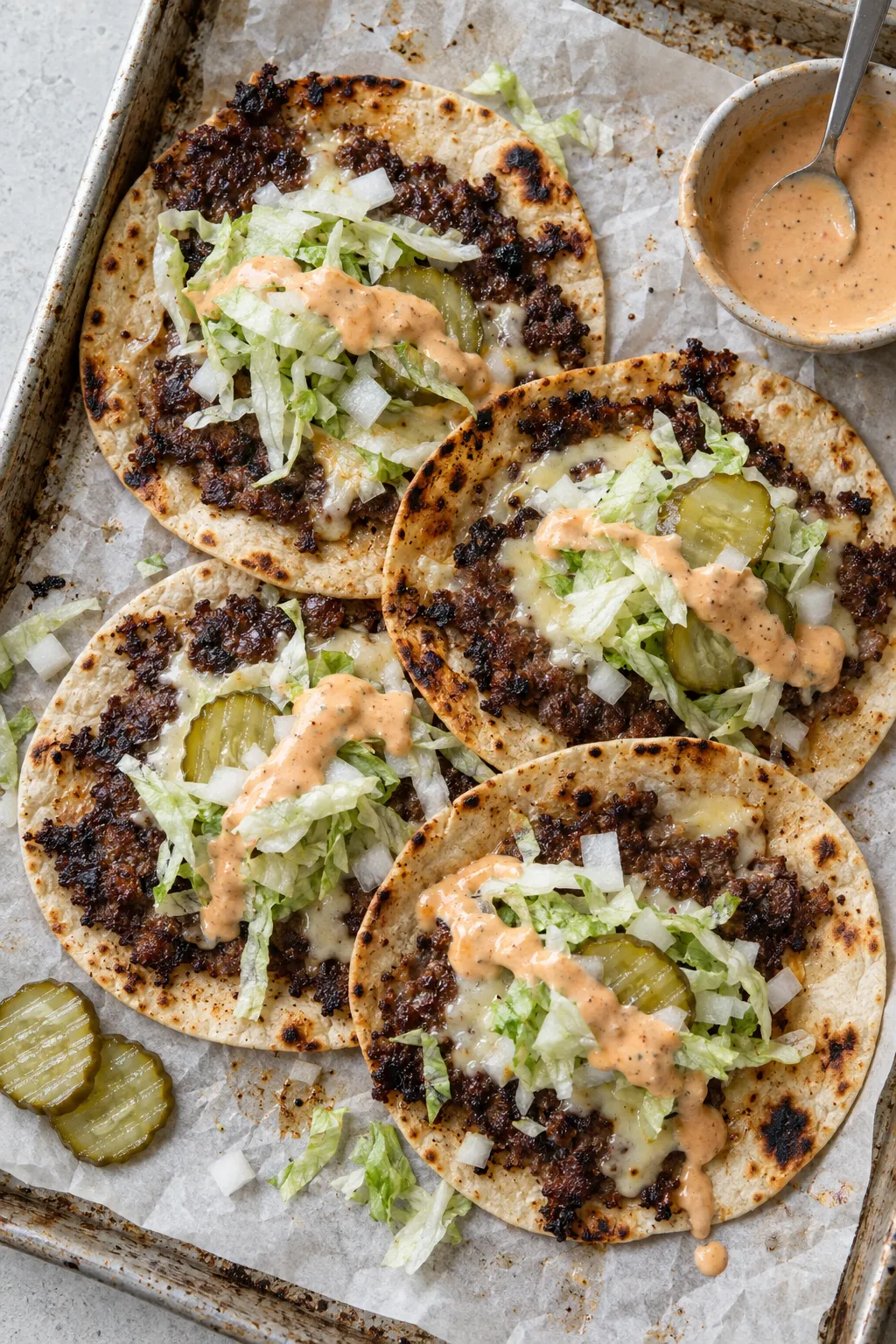 two smash burger tacos on a ceramic plate with melted American cheese, burger sauce, shredded lettuce and pickles