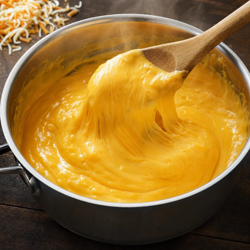 thick glossy golden cheese sauce for Tinis mac being stirred with wooden spoon incredibly creamy