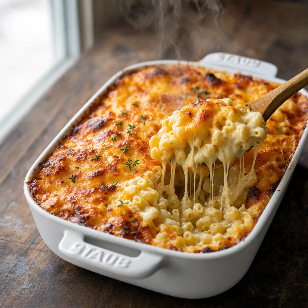 Tinis mac and cheese in white Staub dish with golden bubbly crust and incredible cheese pull
