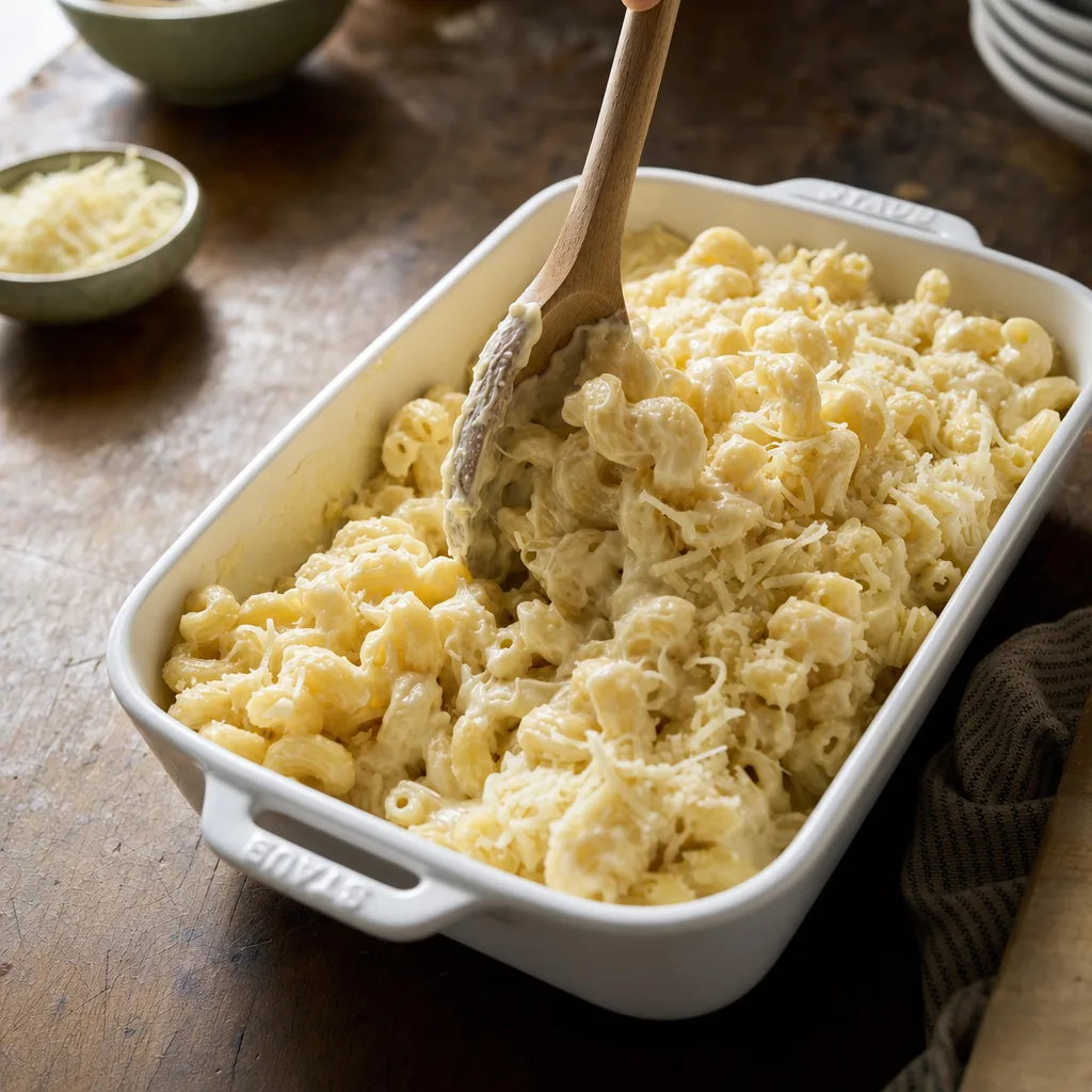 cavatappi pasta being folded into thick creamy cheese sauce in Staub dish for Tinis mac