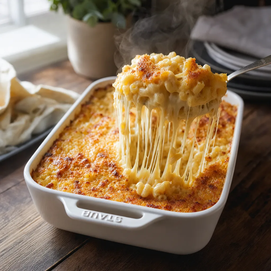 Tinis mac and cheese cheese pull shot spoon lifting portion with incredible stretchy cheese strands from Staub dish