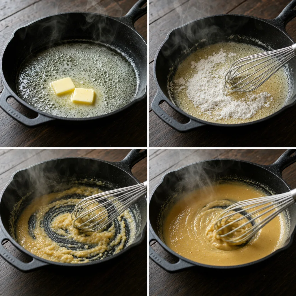 butter and flour roux being whisked in saucepan for Tinis mac and cheese bechamel sauce
