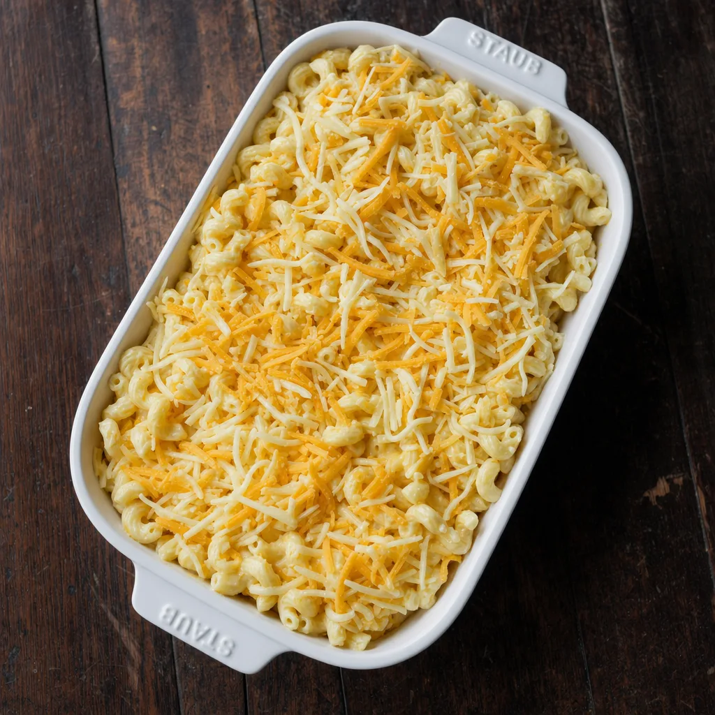 Tinis mac and cheese assembled in Staub dish with generous cheese topping before baking